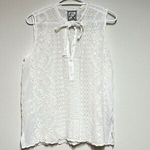 Johnny Was Embroidered Sleeveless Tank Top Womens Ivory Eyelet  Sz S Host Pick